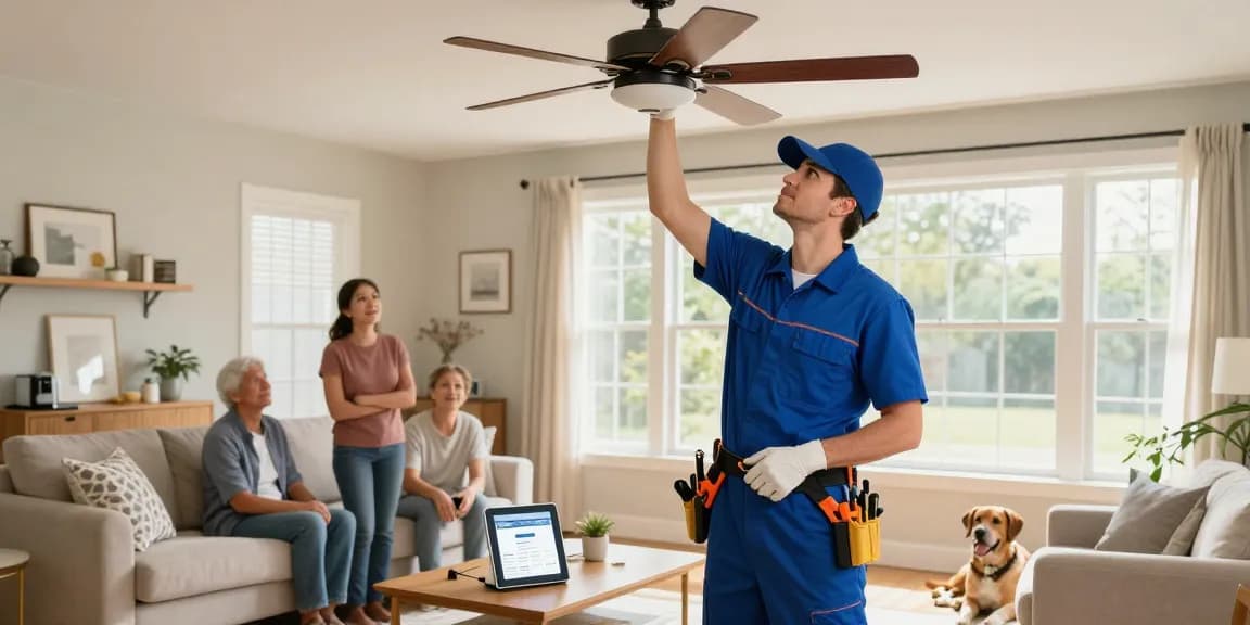 Electrician Stevens Point WI installing a ceiling fan in a bright living room, showing professional service.