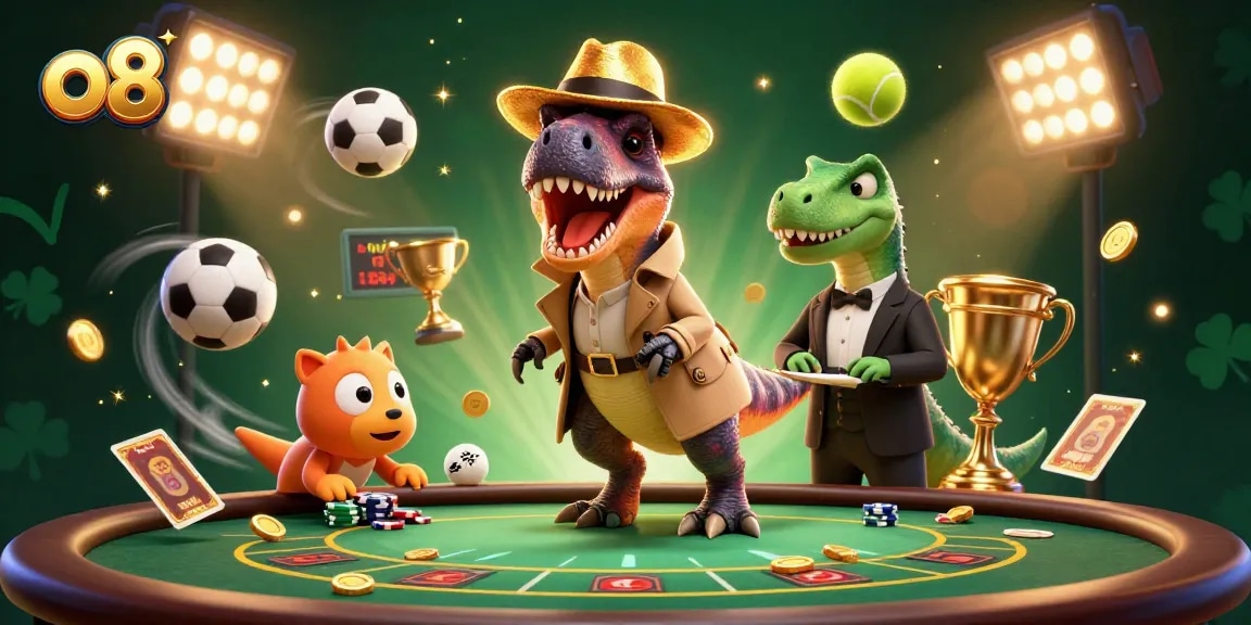 Experience thrilling gameplay with o8 as cartoon velociraptor counts cards at a blackjack table.