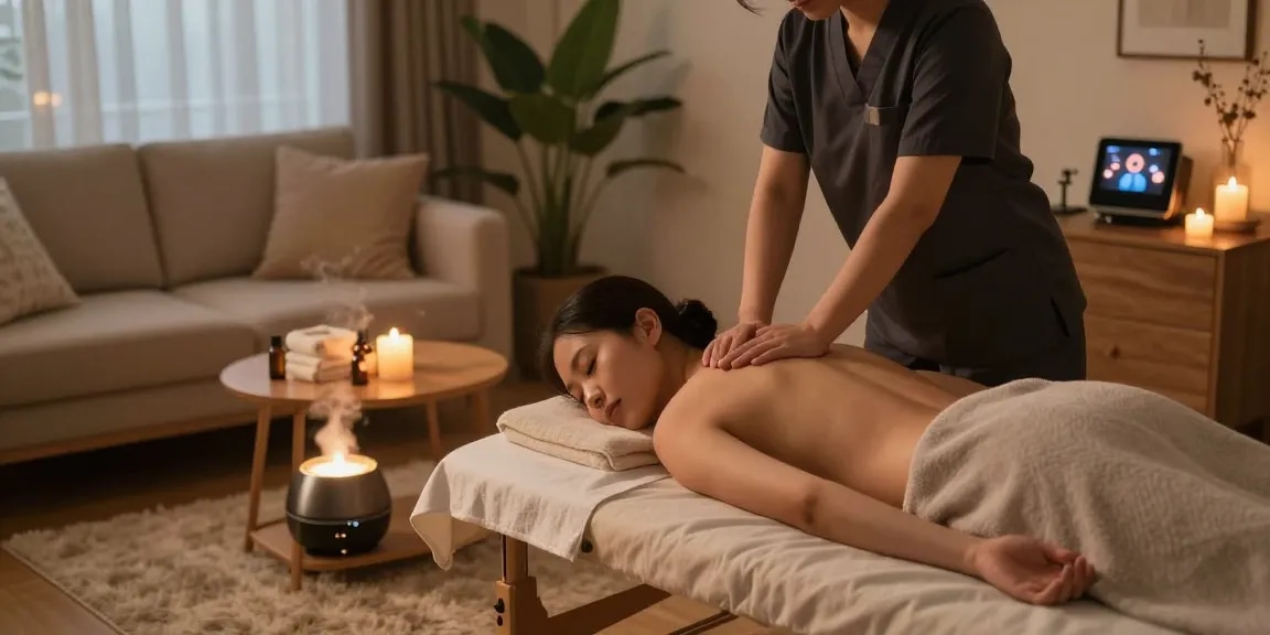 Experience 광명출장마사지 in a calming home environment with soothing light and professional care.