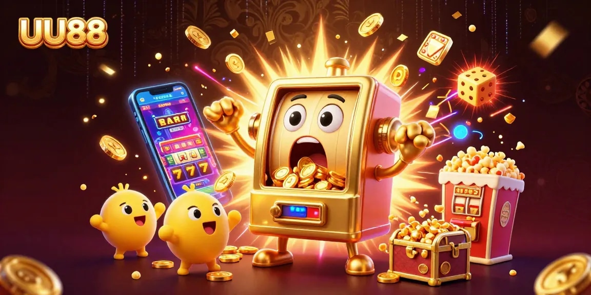 UU88 slot machines rejoice after hitting a jackpot, surrounded by vibrant casino elements.