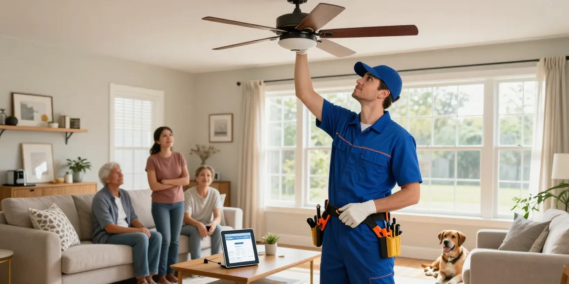 Electrician Stevens Point WI installing a ceiling fan in a bright living room, showing professional service.