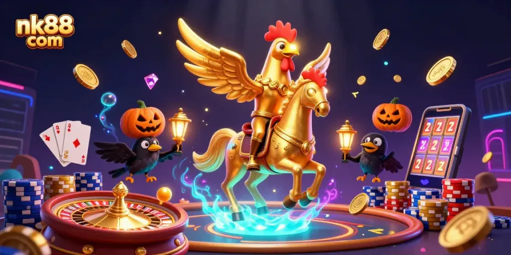 Play exciting games at nk88 com with vibrant golden coins and immersive casino atmosphere.