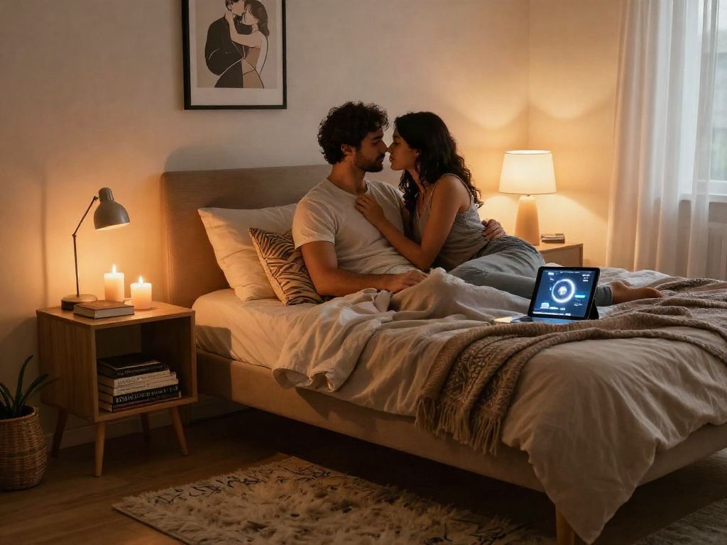 Couple enjoying intimate moment while exploring sex ai technologies in a cozy bedroom.