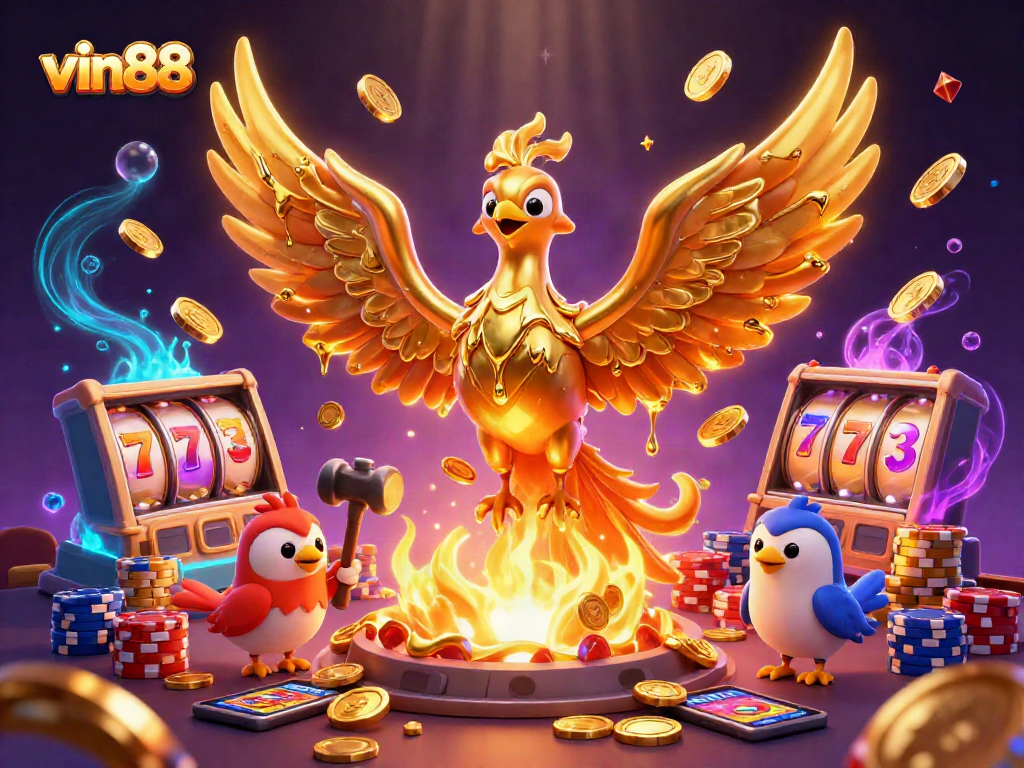 Engage with vin88's vibrant casino action featuring molten phoenix and golden symbols.
