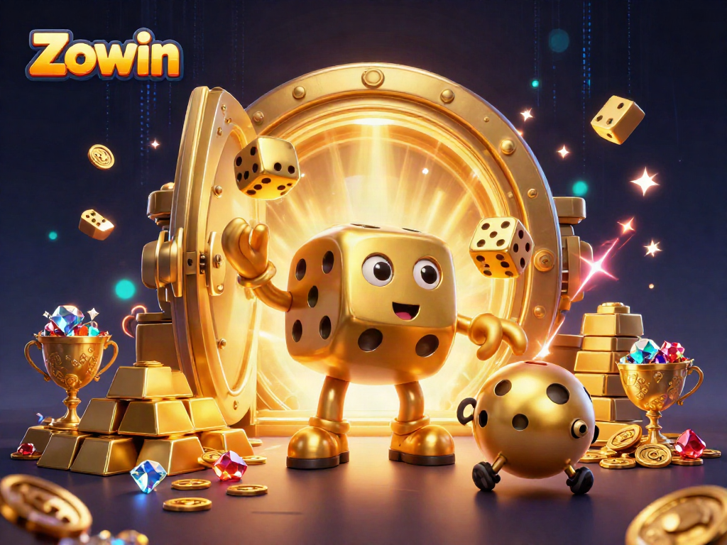 Zowin brings exciting gaming with a golden dice golem and treasures in a vibrant casino scene.