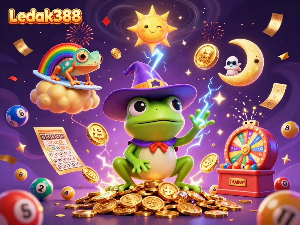 Experience winning excitement at Ledak388 with golden coins, rainbow chameleon, and festive casino elements.