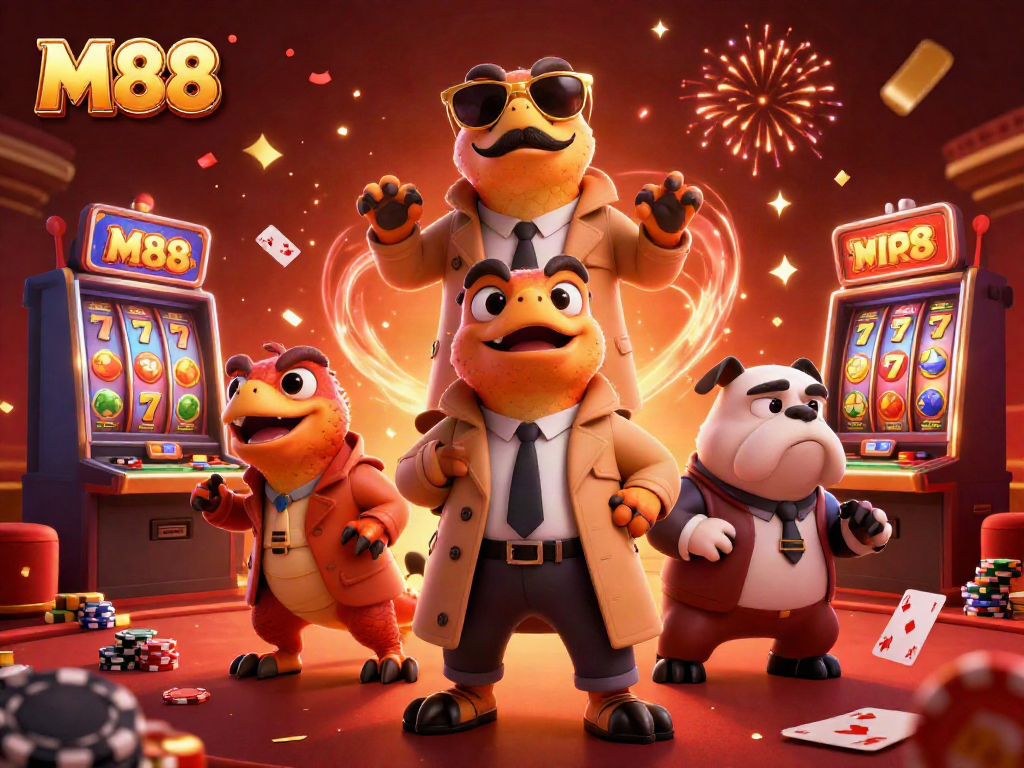 M88 captures a comical scene of raptors in disguise attempting entry to a VIP casino, showcasing vibrant casino elements.