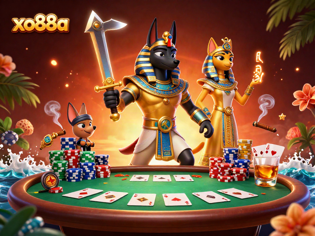 Experience thrilling gameplay at xo88a with an energetic scene of Egyptian warriors and poker elements.