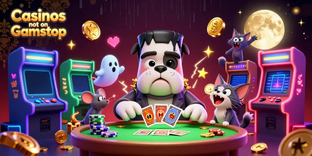 Play exciting card games at Casinos not on Gamstop with colorful characters in a vibrant casino illustration.