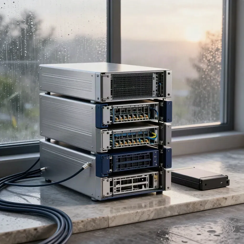 Brushed-aluminium UK server stack on stone plinth with rainlit window glow.