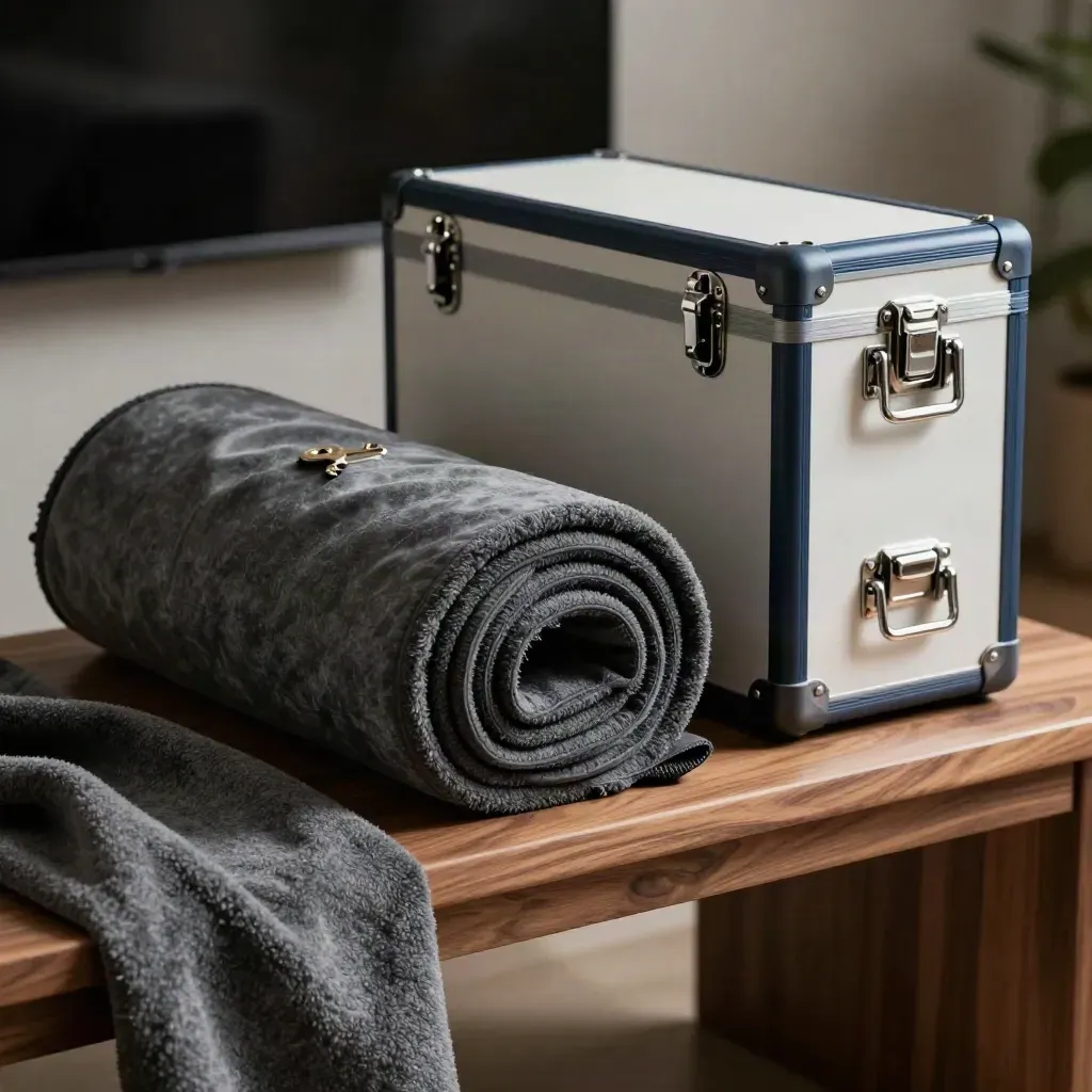 Walnut bench with migration kit: moving blanket, drive case and sealed server case in dramatic light