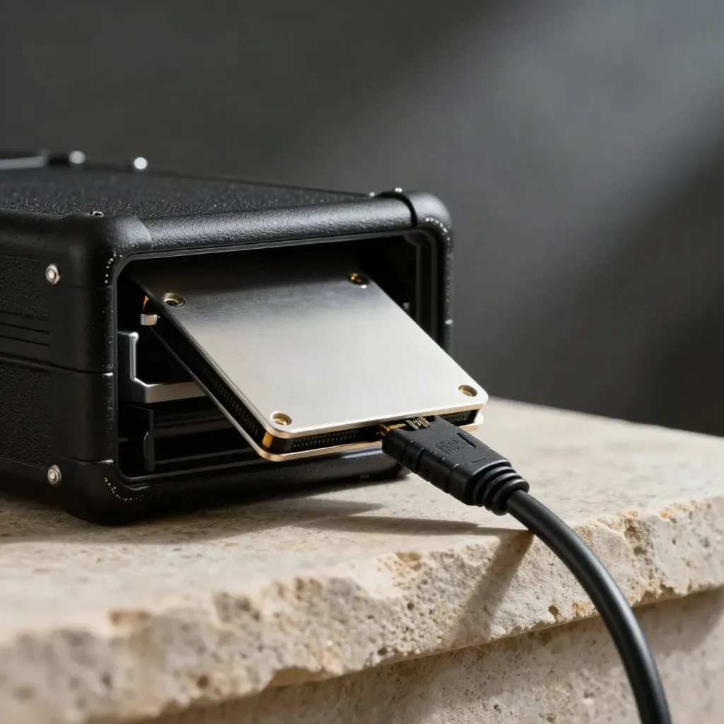 Rugged drive case, spare SSD and coiled cable on stone shelf in dark macro light.