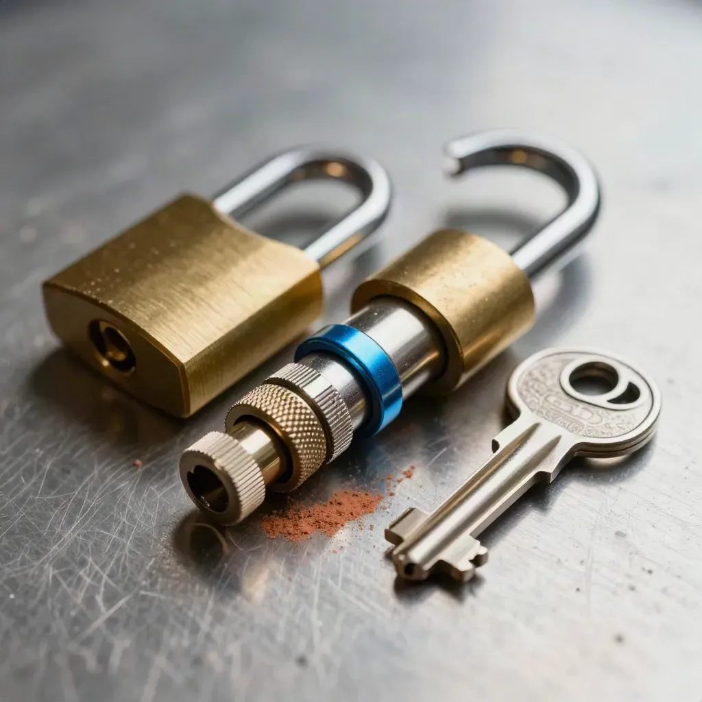 Brass padlock, fibre couplers and a hardware key on brushed metal with a blue accent.