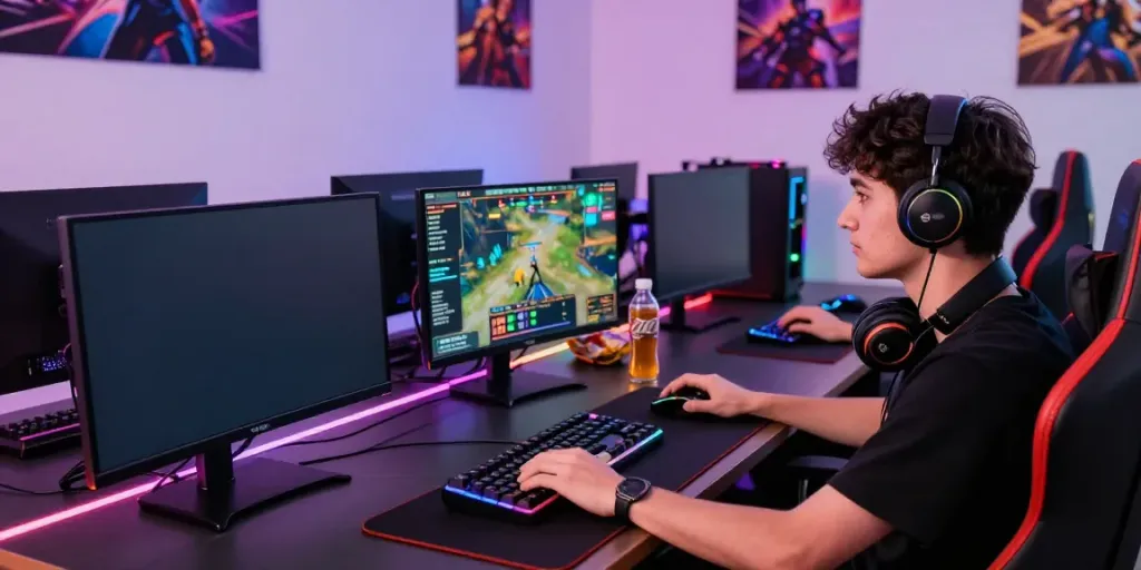 Engaged player at http://11bet-app.net/ in vibrant gaming setup with multiple screens.