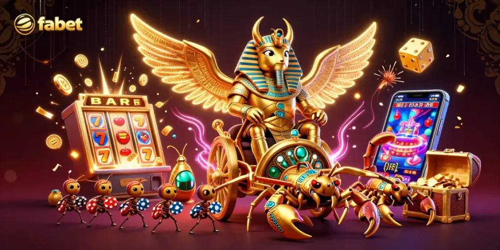 Experience the thrill of fabet with a vibrant 3D casino scene featuring golden scarabs and jackpot symbols.