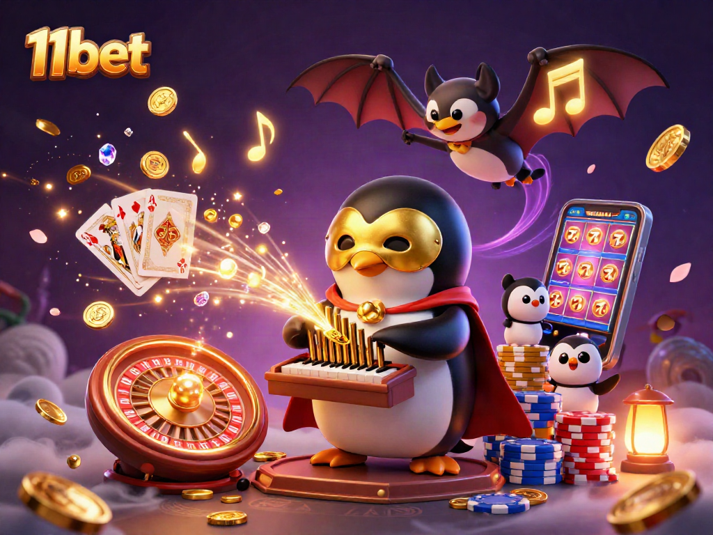Experience the excitement of 11bet with a vibrant casino scene featuring golden coins, cards, and acrobatic characters.