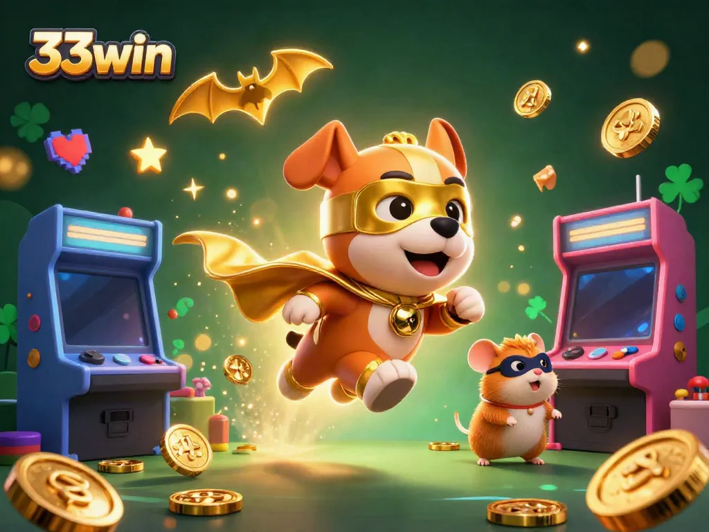 33win casino game action featuring a superhero dog flying with gold coins and colorful arcade elements