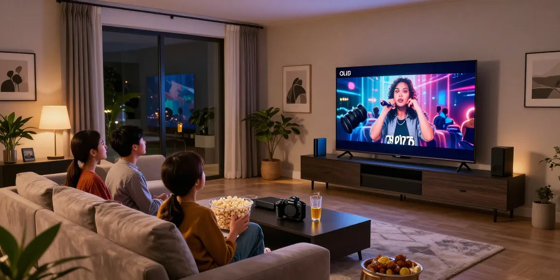 Family enjoying movie night in a cozy living room with a stylish OLED TV 2026, showcasing superior picture quality and design.