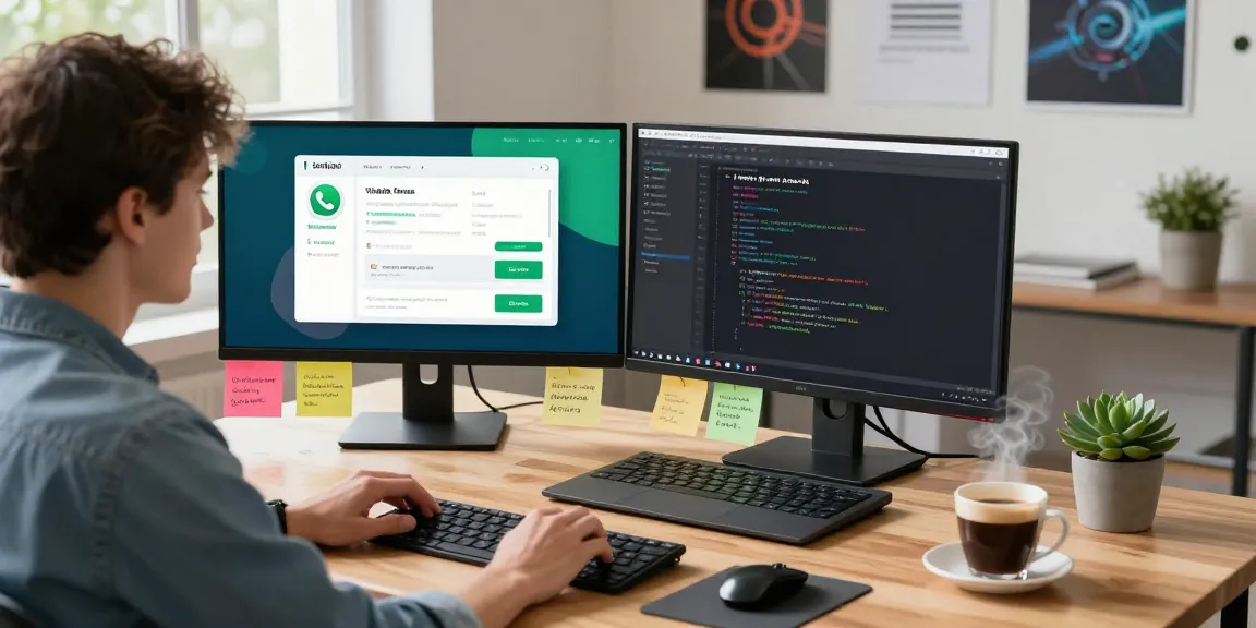 WhatsApp下載 workflow illustrated at a vibrant tech workspace with developer coding and designing app interfaces.