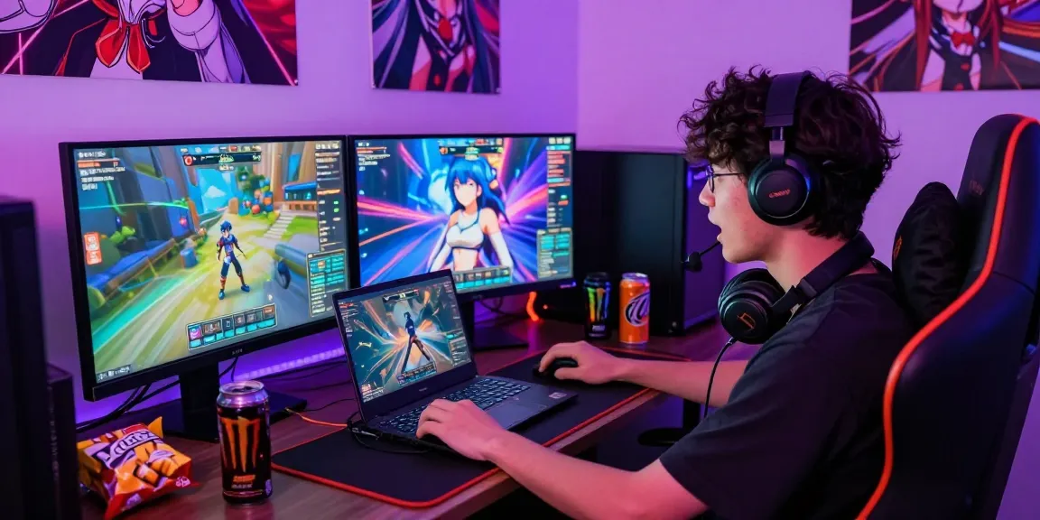 Engaged player exploring mind control hentai gaming on a high-resolution laptop with vibrant graphics