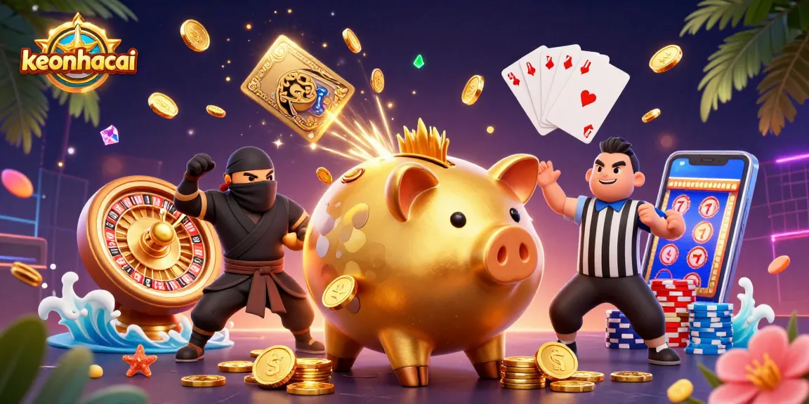 Unleash excitement with keonhacai as golden coins cascade and characters engage in a thrilling casino scene.