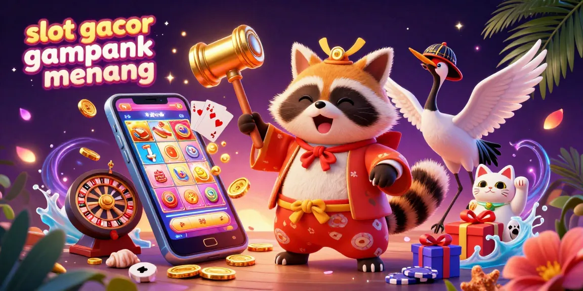 Engage with slot gacor gampang menang through a vibrant scene featuring a tanuki, crane, and fortune cats amidst dynamic slots and casino elements.