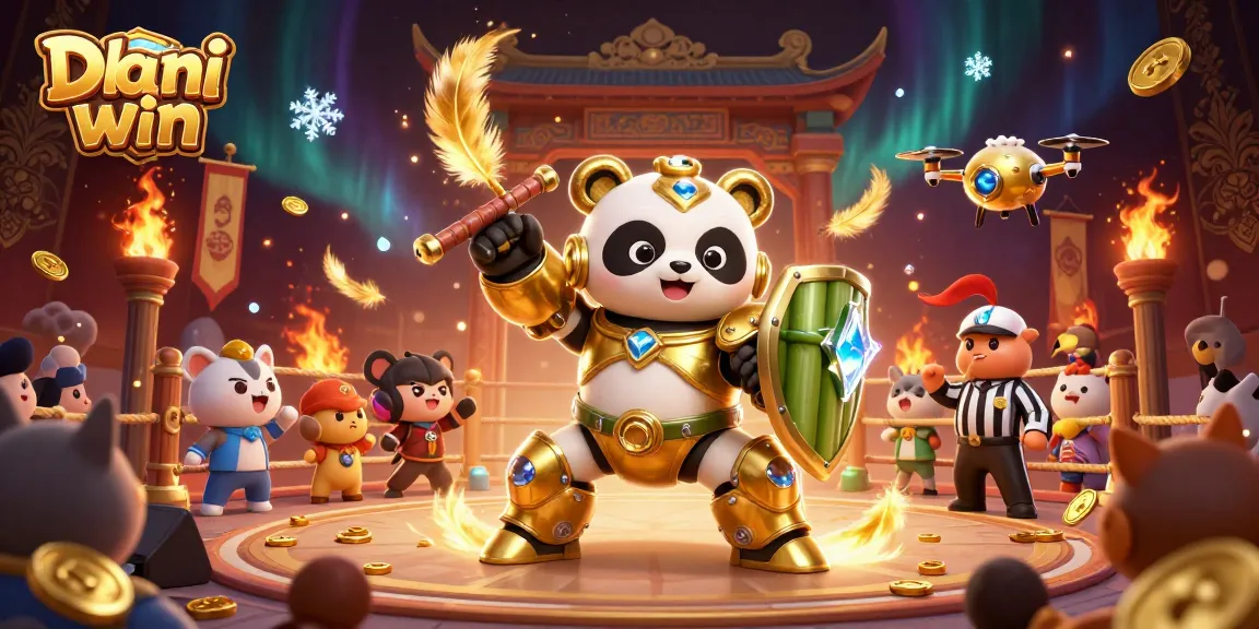 Dhani win showcases an exciting 3D illustration of a mech-suit panda engaging in casino-themed action, surrounded by gold coins and dramatic effects.