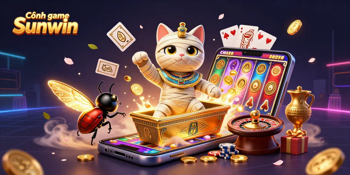Cổng game Sunwin embodies excitement as an Egyptian mummy cat, glowing scarab, and cards create a vibrant casino scene.