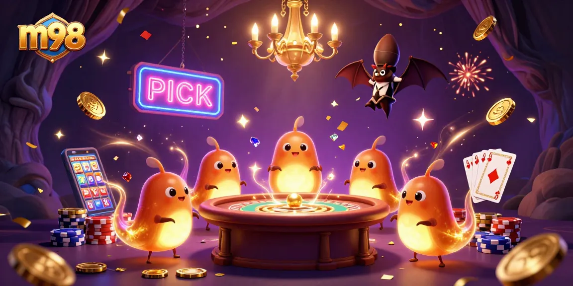 Experience the excitement of m98 casino with enchanted glowworms illuminating a vibrant gaming scene.