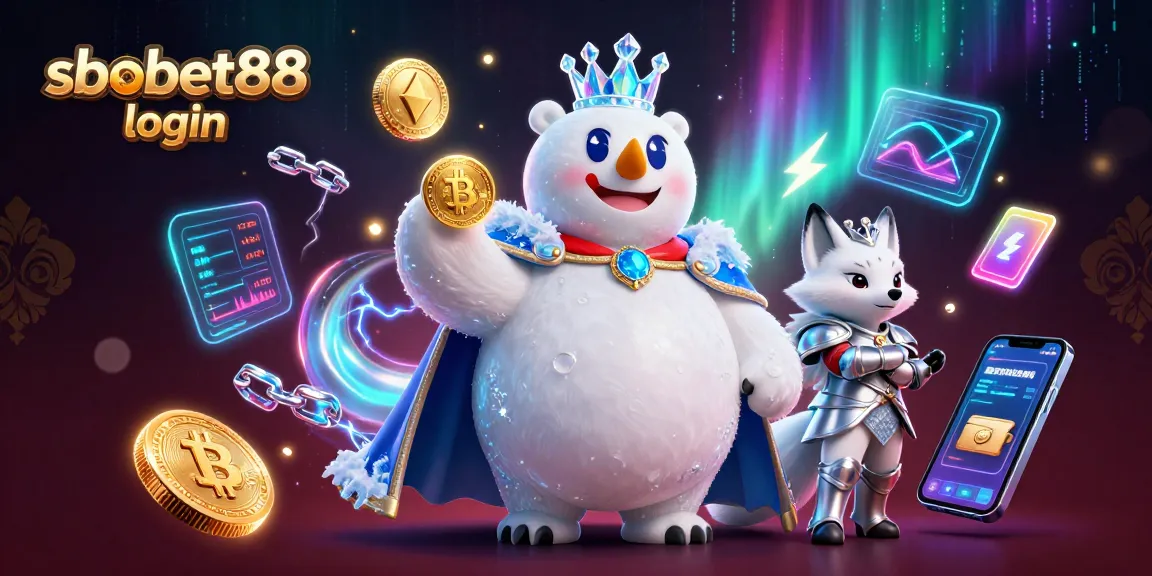 Place your bets easily with sbobet88 login, featuring an ice king and snow fox amidst crypto symbols.