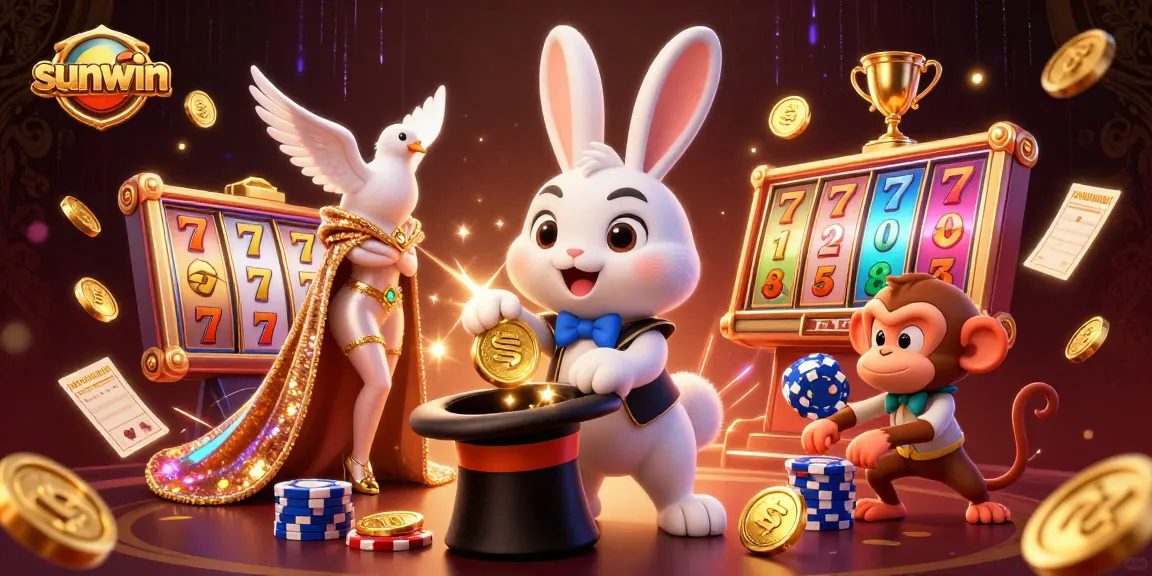 Experience the magic of sunwin with a vivid 3D illustration featuring a magician rabbit and exciting game elements.
