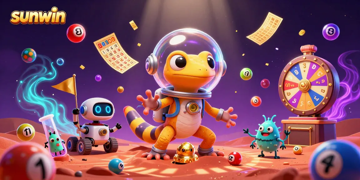 Engage with the sunwin universe featuring a Martian gecko and vibrant gambling elements in a casino.