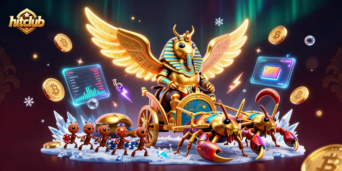 hitclub showcases vibrant online gaming with golden scarab, cryptocurrency coins, and dynamic casino elements.