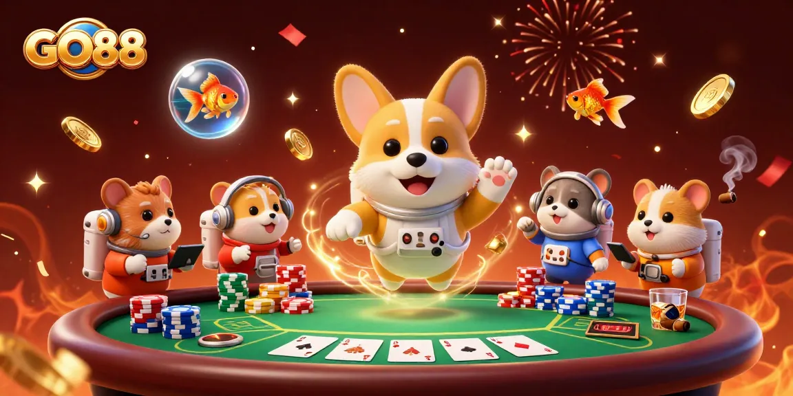 Experience GO88's dynamic space casino with floating poker elements and immersive character interactions.