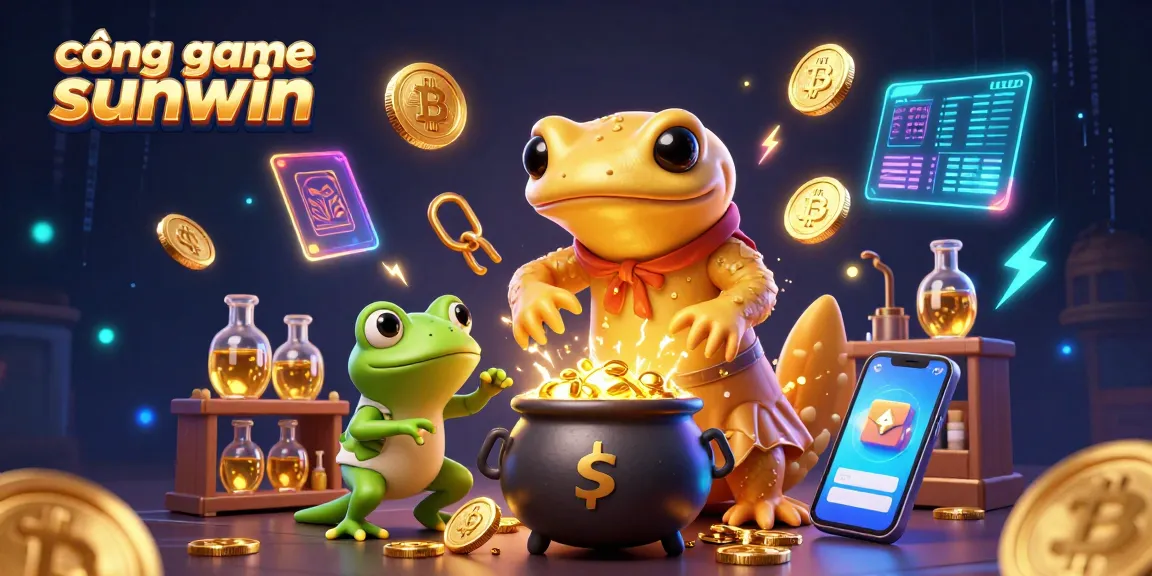 Engage in the vibrant world of cổng game sunwin, joining a gold-transmuting alchemist amidst dynamic, glowing crypto elements.